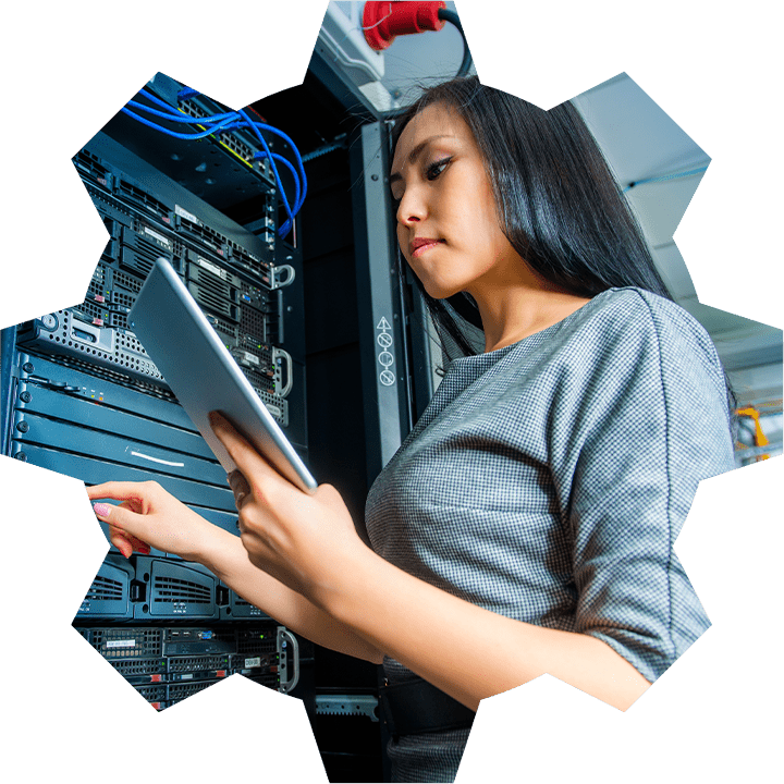 Woman on tablet next to server